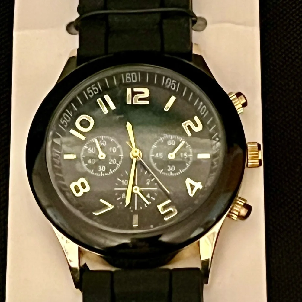Darice Men's Black & Gold Chronograph Style Watch | Tactical Silicone Sport Band